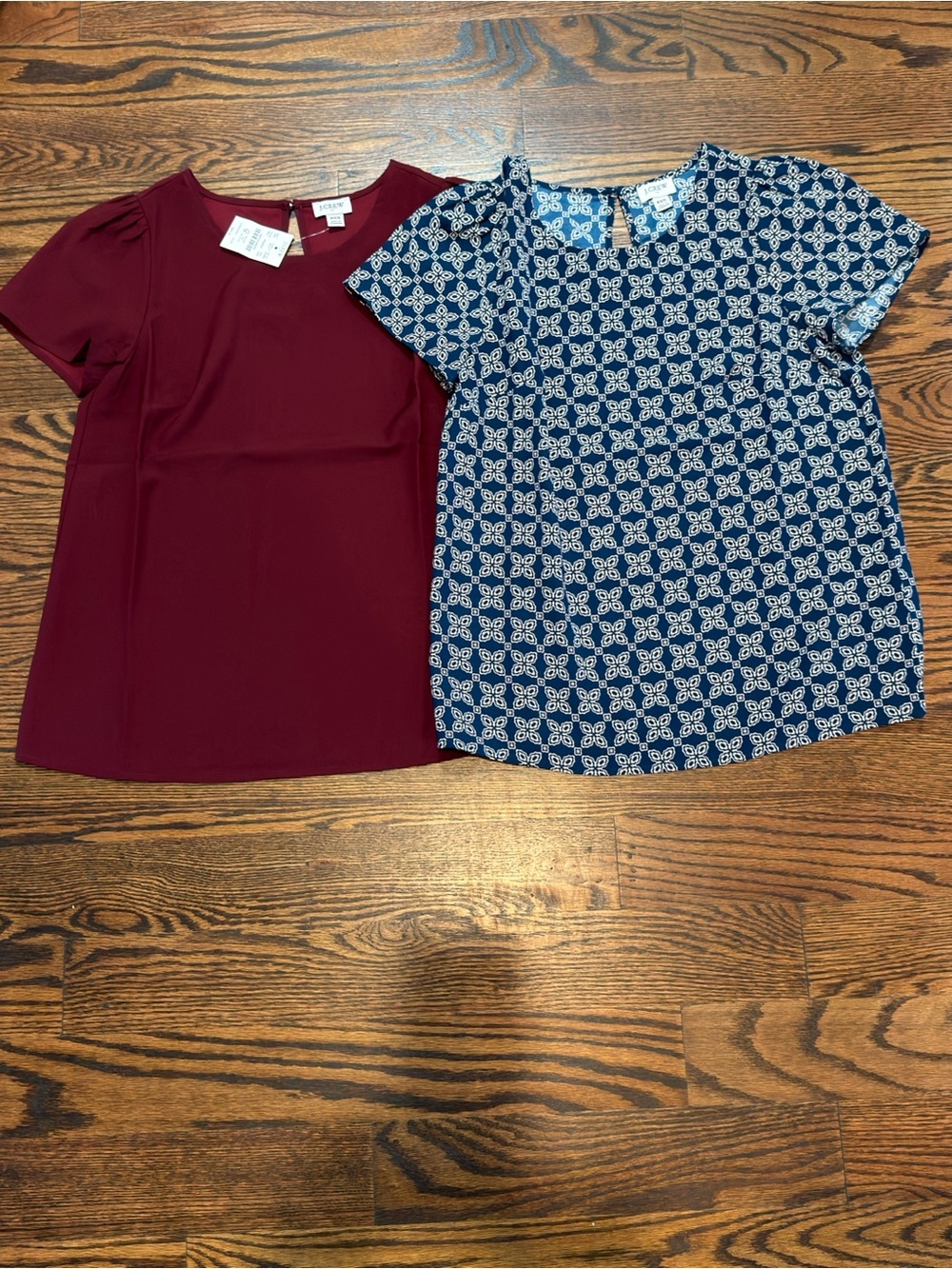 J. Crew Size XXS: 2 Blouses- Maroon Solid NWT & Navy Pink White Pattern NWOT